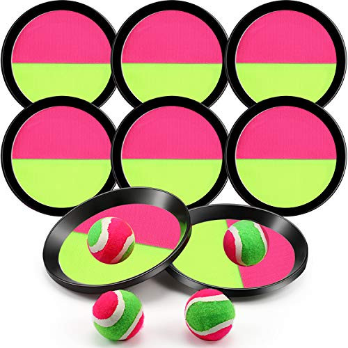 Toss and Catch Balls Game with 8 Rackets and 4 Balls, 6 Inches Catch Sports Game Set Paddle Catch Games Outdoor Activity for Families (Yellow and Rose Red)