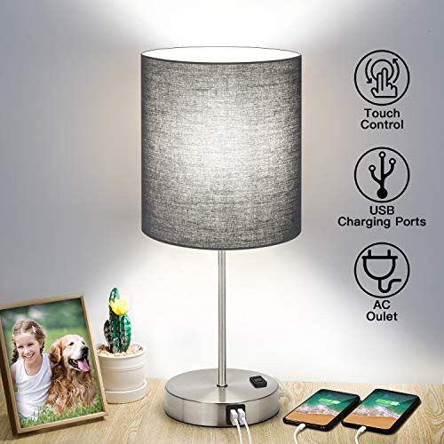 Touch Control Table Lamp, 3 Way Dimmable Bedside Desk Lamp with 2 Fast USB Charging Ports AC Outlet, Black Fabric Shade Modern Nightstand Lamp for Bedroom Living Room, 60W LED Bulb Included (Silver)