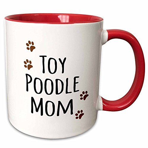 3dRose 154210_5"Toy Poodle Dog Mom breed-muddy brown paw prints-doggy lover Ceramic Mug, 11 oz, Red/White