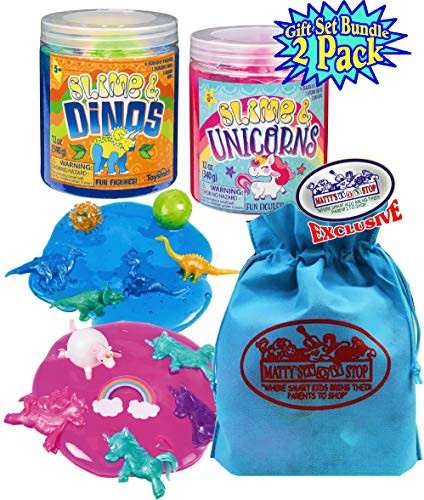 Toysmith Slime & Dinos and Slime Unicorn Tubs with Figures Gift Set Bundle with Bonus Matty's Toy Stop Storage Bag - 2 Pack