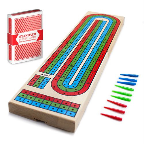 Cribbage  Traditional Wooden Board Game, Classic 3-Track Layout & Plastic Pegs with Free Deck of Playing Cards by Brybelly