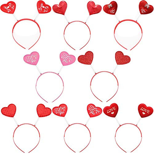 Trounistro 8 Pack Valentine's Day Heart Headband Glitter Heart Headbopper for Valentine Party Decoration Gift Red