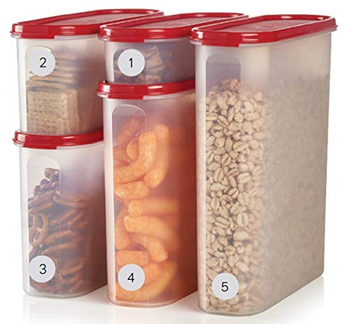 Tupperware Modular Mates Super Oval Pantry Set, 5 Food Storage Containers (Passion Red Seals)