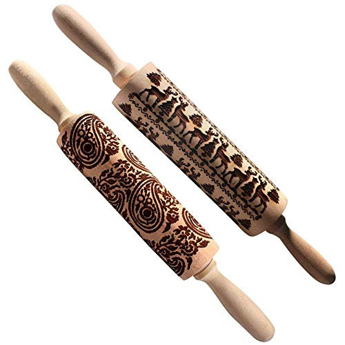 Embossing Rolling Pin, Embossed Cookie Making Rolling Pins, Deeply Engraved Embossing Rolling Pin with Christmas Tree Deer Paisley Pattern, Food-Safe 3D Printed Dough Roller, 2 PCS