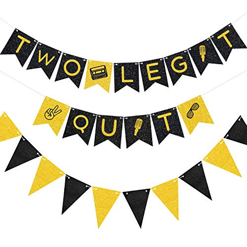 Two Legit to Quit Banner Black Gold Glitter 2nd Birthday Banner with Triangle Flag Banner for 2nd Birthday Party Baby Shower Decoration Supplies