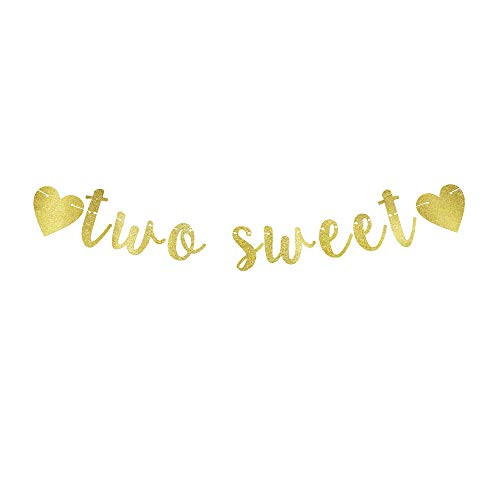Two Sweet Banner with Heart, Baby Girl's/Kids/Little Girl's 2nd Birthday Party Decorations Gold Gliter Paper Sign