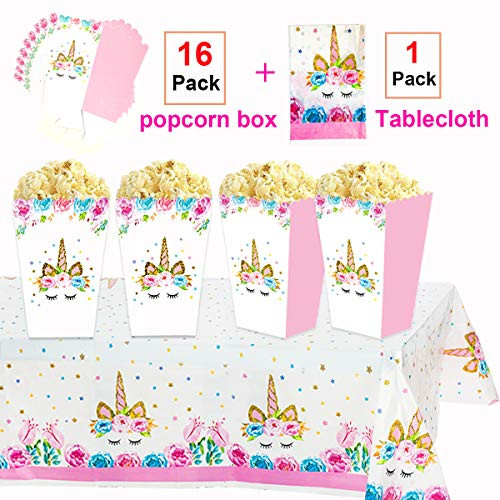 Unicorn Party Favor Boxes 16 pack&Unicorn Plastic Tablecloth Set,Unicorn Party Popcorn Treat Boxes,Candy Snacks Cookies Box Container for Baby Shower or Birthday Party Favor Supplies Decoration