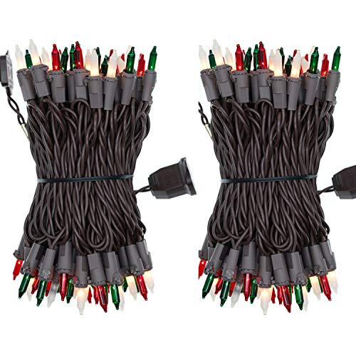 UL Certified 66 Feet 200 Count Red Green & Frosted White Christmas Lights, Pack of 2 Sets 33 Ft 100 Incandescent Brown Wire Light Set, Connectable Decor Lights for Holiday (Red, Green & Frosted White)
