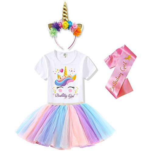 Unicorn Headband, T-Shirt, Tutu Dress & Satin Sash. Unicorn Birthday Party Outfit for Girls (Birthday Girl 2, 4-5 Years)