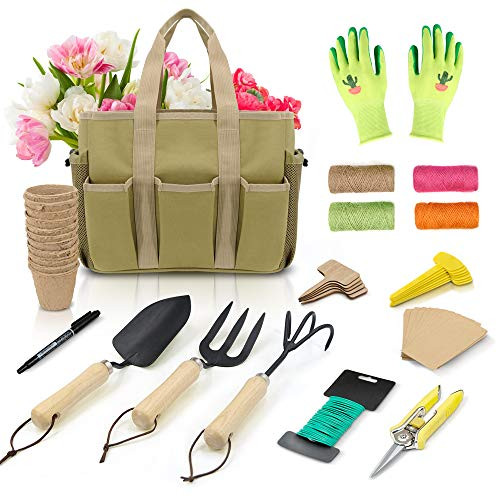 Garden Tools Set - 47 Piece Carbon Steel Heavy Duty Gardening Kit with Wooden Handle, Include Gardening Bag, Hand Rake Fork Trowel Gardening Accessories - Gardening Gifts Tools for Women