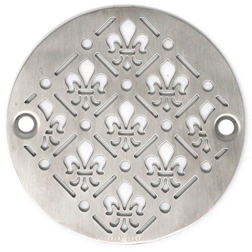 DRIP DROP Custom Shower Drain Cover (4in Round - Fleur-de-lis, Brushed Stainless Steel)