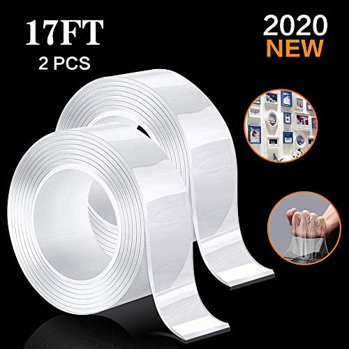 Double Sided Tape Heavy Duty,(34FT/2Pack 17FT)Strong Sticky Adhesive Mounting Tape - Gel Poster Tape Traceless Removable Washable Nano Gel Grip Tape for Fix Carpet Mats,Paste Items Office Home Decor