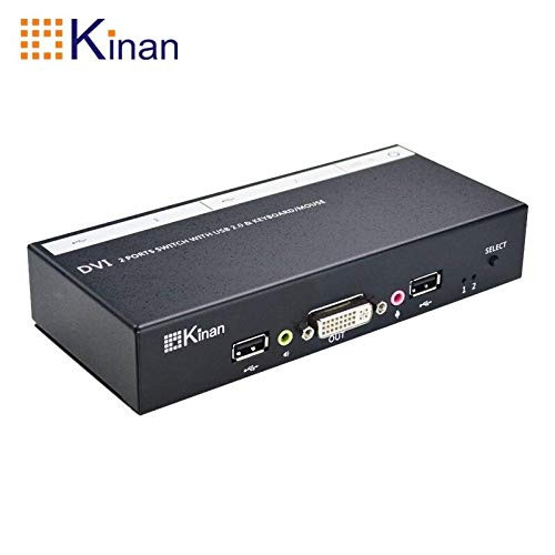 Kinan 2 Ports DVI KVM Switch Dual Port Desktop USB 2.0 DVI KVM Switches 1 Set of Keyboard Video Mouse Control 2 Computers Laptops PCs Share Keyboard Mouse Monitor