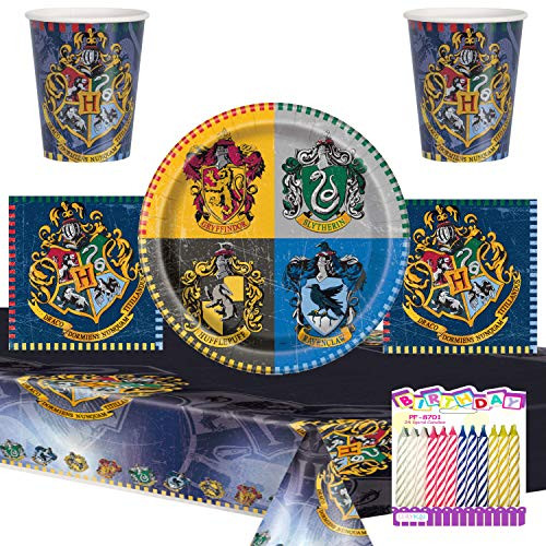 Harry Potter Party Supplies Pack Serves 16: 9" Plates Luncheon Napkins Cups and Table Cover with Birthday Candles (Bundle for 16)