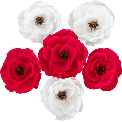 INNOBOUTIQUE Paper Flowers Decorations for Wall (Red/White) - Flower Wall Decor for Wedding Backdrop Baby Shower Bridal Shower Party Nursery Centerpiece Handmade Wall Flowers Decorations (6Pcs)