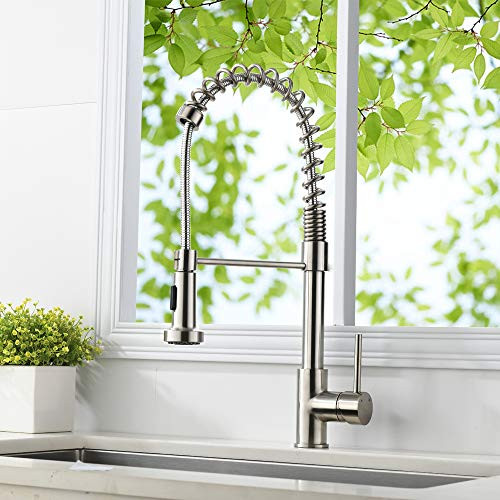 VAPSINT Commercial Stainless Steel Single Lever Handle Pull Down Sprayer Spring Kitchen Faucet, Kitchen Sink Faucet Brushed Nickel Finish
