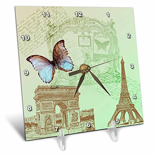 3dRose dc_79195_1 Vintage Paris Butterfly Eiffel Tower Desk Clock, 6 by 6-Inch