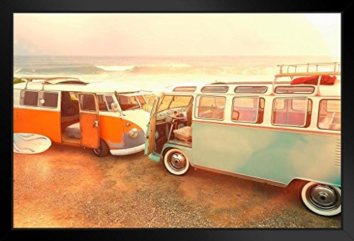 Vintage Vans Parked on Beach Photo Black Wood Framed Art Poster 20x14 Vintage Vans Parked on Beach Photo Black Wood Framed Art Poster 20x14