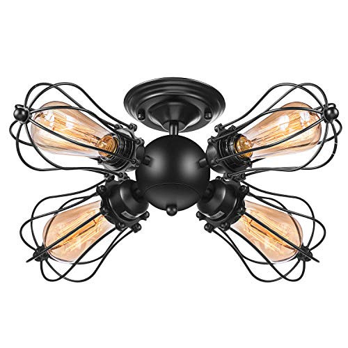 Vintage Wire Cage Semi Flush Mount Ceiling 4-Light Licperron Industrial Antique Black Metal Caged Ceiling Fixture for Living Room Dining Room Kitchen
