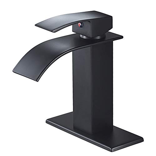 VOTON Black Waterfall Bathroom Faucet?Single Handle Lavatory Faucet Matte Black One Hole RV Vessel Faucet Basin Mixer Tap with Deck Mount