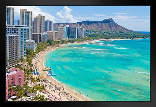 Waikiki Beach Honolulu Hawaii Photo Black Wood Framed Art Poster 14x20