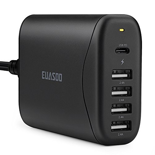 USB C Wall Charger, USB PD Charger, EUASOO 60W Multi-USB 5 Ports Wall Charger Station with One Type C Port Power Delivery for iPhone X/8/8 Plus, iPad, MacBook, Samsung Galaxy S8/S8 Plus/Note 8 & More