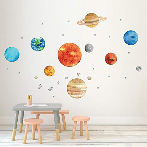 Planet Wall Decals, Removable Solar System Watercolor Space Wall Stickers for Kids