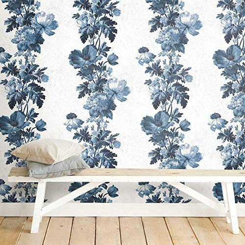 RoomMates RMK11427RL Vintage Floral Stripe Peel and Stick Wallpaper, Blue