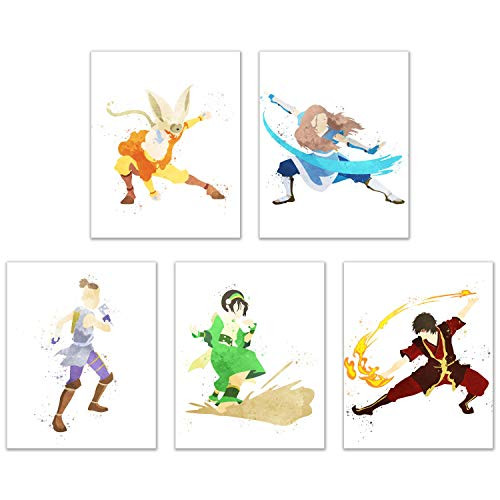 Watercolor Avatar: The Last Airbender Poster Prints - Set of 5 (8x10) Glossy Cartoon Martial Arts Water Fire Air Earth Nation Wall Art Decor - Aang - Katara - Sokka - Toph - Zuko