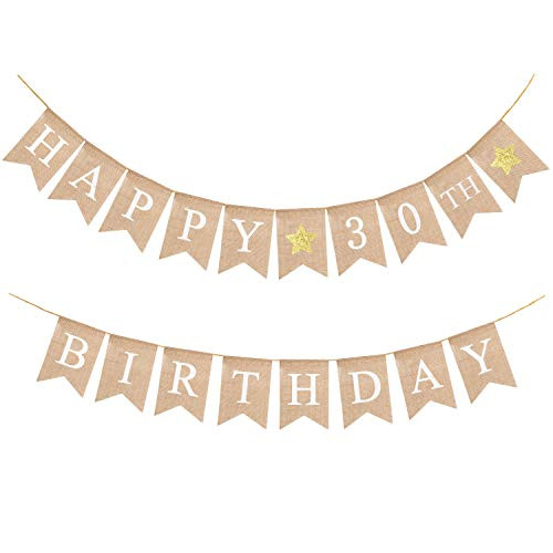 WATINC 2pcs Happy 30th Birthday Burlap Banner, Happy Birthday Bunting Garland for Birthday Party Decorations, Cheers to 30 Years Old Decor, 30th Birthday Sign Party Supplies, Home Decor for Fireplace