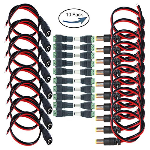 Lime2018 18AWG 10 Pairs DC Power Pigtail Cable, 5.5 x 2.1mm 12V 5A Male Female Connectors, and 10 Pairs 5.5 x 2.1mm DC Power Jack Plug Adapter for CCTV Home Security Surveillance