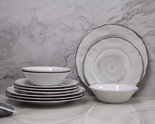 Melamine Dishes Dinnerware Set, 12pcs Melamine Dinner Plates, Salad Plates and Bowls, for Everyday Use