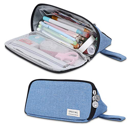 Big Capacity Pencil Case, Triangle Pencil Pouch, Handheld Pencil Bag with Zipper, Makeup Bag, Stationery Organizer Pen Pouch, for Boys Girls Teens Adults Students School Office Supplies (Blue)