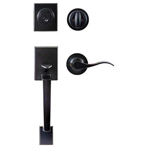MAXECURITY Handleset Front Door Lock Single Cylinder for ?Entrance and Front Door? Easy to Install with Wave Style Lever Door Handle and Single Cylinder Deadbolt Handle Set in Black Finish