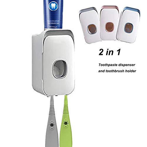 Wekity Wall Mounted Automatic Toothpaste Dispenser and Dustproof Toothbrush Holder 2 in 1 Set with Convenient Toothpaste Squeezer for Family Bathroom Washroom and Kids Shower Washroom Bathroom (Grey) Wekity Wall Mounted Automatic Toothpaste Dispenser and Dustproof Toothbrush Holder 2 in 1 Set with Convenient Toothpaste Squeezer for Family Bathroom Washroom and Kids Shower Washroom Bathroom (Grey)