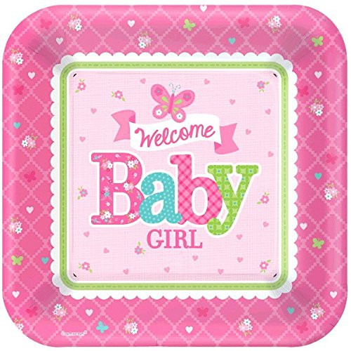 amscan Appealing Welcome Little One Girl Square Plates Baby Shower Party Supplies, 10", Pink/White/Green/Blue