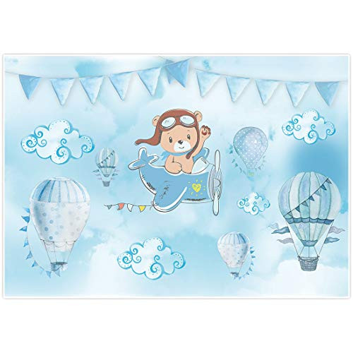 Allenjoy Blue Cartoon Bear Baby Shower Backdrop Oh The Places You'll Go Newborn It's a Boy Prince Welcome Baby Hot Air Balloons Photography Background Cake Table Banner Decor Photo Booth Props 7x5ft