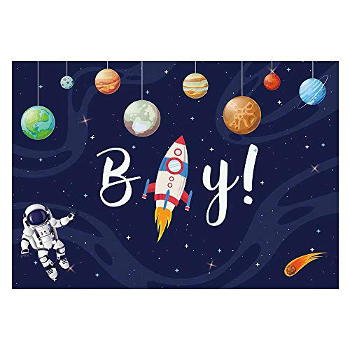 Funnytree Outer Space Party Backdrop for Boy Baby Shower Rocket Astronaut Universe Galaxy Stars Planets Photography Background Kids Children Birthday Decor Cake Table Banner Photo Booth Props 7x5ft