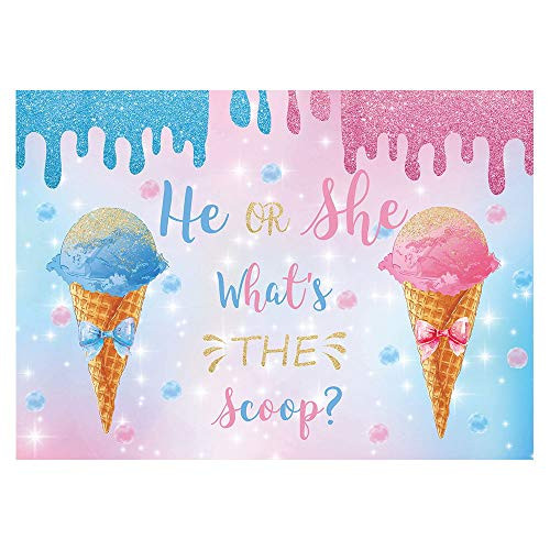 Funnytree 7x5FT Ice Cream Gender Reveal Backdrop He Or She What is The Scoop Baby Shower Party Banner Decoration Supplies Bow Pink and Blue Photography Background Selfie Photobooth Prop