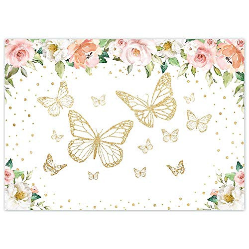 Funnytree 7x5FT Butterfly Party Backdrop Flower Photography Background Girl Floral Baby Shower Princess 1st Birthday Banner Decoration Supplies Photobooth Prop