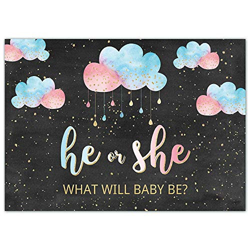 Funnytree 7x5FT Rain Cloud Gender Reveal Party Backdrop Blue or Pink Banner He or She Decoration What Will Baby Be Baby Shower Photography Background Photobooth Supplies Prop