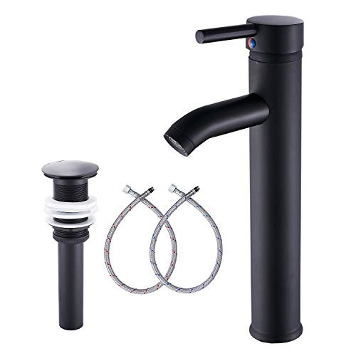 Black Bathroom Faucet GGStudy Single Handle One Hole Tall Body Bathroom Vessel Sink Faucet Bathroom Vanity Faucet with Drain Assembly