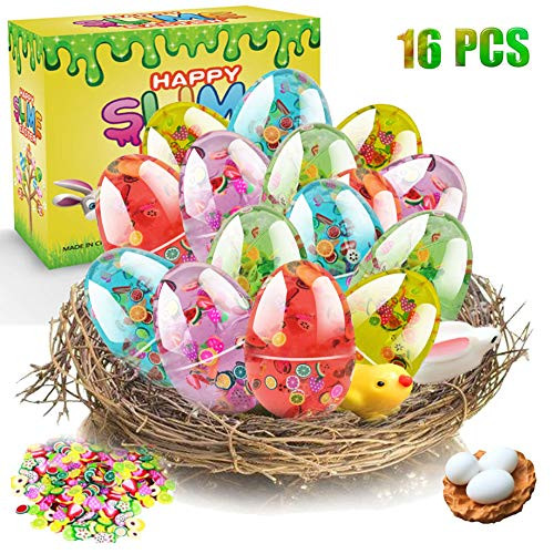 EASYCITY 16 Pack Easter Eggs Slime Easter Basket Stuffers Slime Clear Colorful Crystal Slime Scented Stress Relief Slime with Fruit Slices Toy