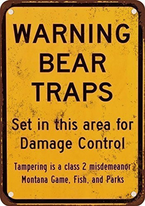 HTFDS Warning Bear Traps Montana Vintage Look Reproduction Metal Tin Sign 8x12 Inches, Vintage Wall Decor for Cafe Bar Pub Decor