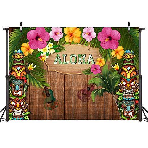 Sensfun Aloha Luau Party Backdrop Tropical Hawaiian Flowers Rustic Wood Sculpture Photography Background for Summer Beach Musical Baby Shower Party Decoration Cake Table Banner Photo Booth Props 7x5ft
