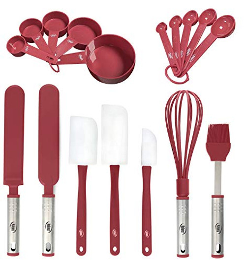 Baking Utensils, 17 Nylon Stainless Steel Baking Supplies Non Stick and Heat Resistant Bakeware set New Baker's Gadget Tools Collection Great Silicone Spatula Best Holiday Gift Idea. (Red)