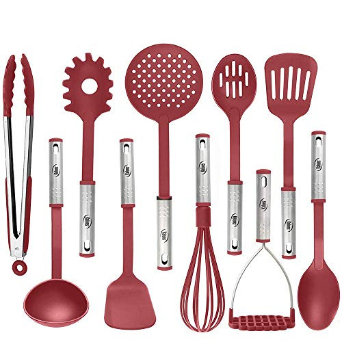 Cooking Utensils, 10 Nylon Stainless Steel Kitchen Supplies Non Stick and Heat Resistant Cookware set New Chef's Gadget Tools Collection Great Silicone Spatula Best Holiday Gift Idea. (Red)