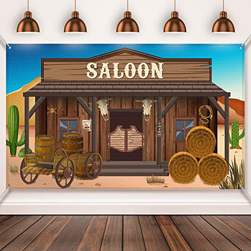 Western Party Supplies, Large Fabric Saloon Yeehaw Western Scene Setters for Western Themed , Wooden House Barn Banner Cowboy Decoration Photo Booth Backdrop Background (Saloon)