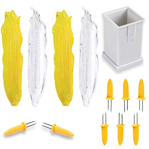 Corn Cob Holders and Dishes Set - Includes 8 Jumbo Corn Cob Holders with Comfort Grip Handles, 4 Trays and 1 Butter Spreader,Dishwasher Safe