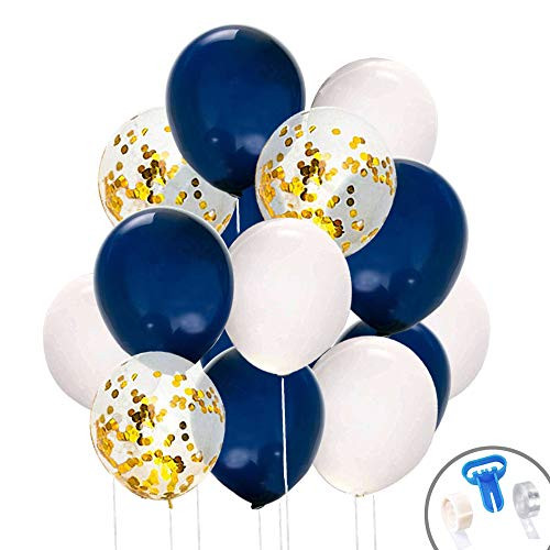 70 Pcs 12 Inches Navy Blue and Gold Confetti Balloons, White Balloons for Birthday Party Decorations Graduation Balloon Garland Arch Kit